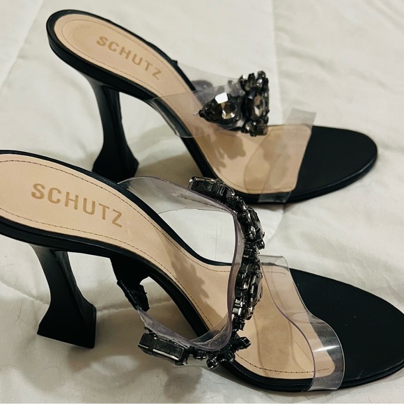 Schutz Laureen Mules Deluxe Nappa Black Crystal Embellished Party Heels - Picture 4 of 6